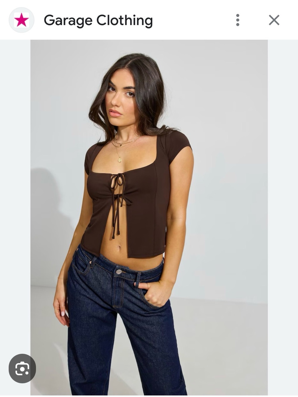 Garage Brown Tie-Front Short Sleeve Crop Top